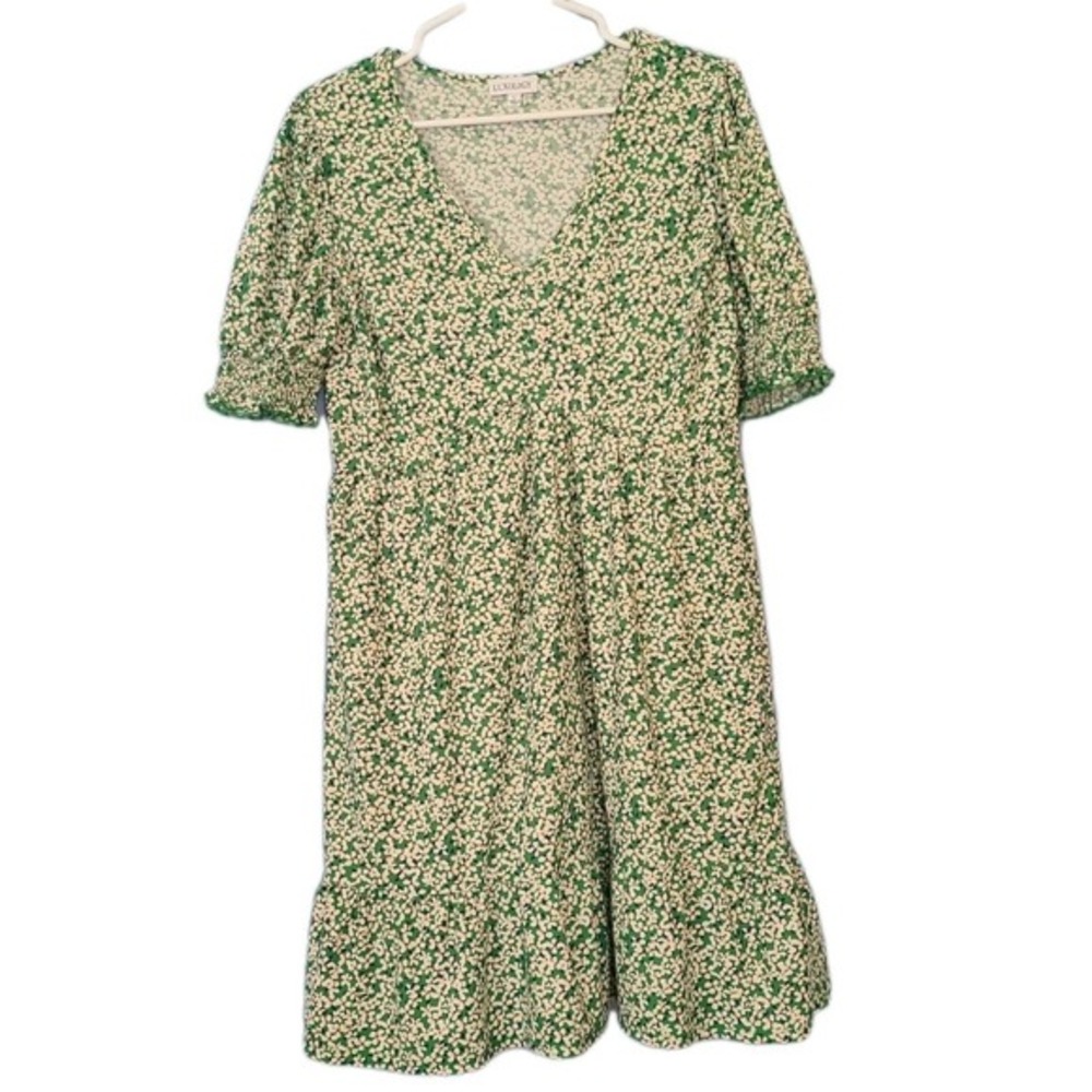 Luxology Floral Dress Womens Large Green White Boho Sundress Smocked Puff Sleeve